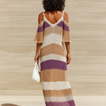ElevenOra Chic Casual Colorful Striped Off-Shoulder V-Neck Short-Sleeve Loose Side Slit Ribbed Knit Maxi Dress