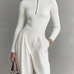 ElevenOra Chic Elegant Zip-up Mock Neck Slim-Fit Sweater Elastic Waist Wide-Leg Pants Knit Two-Piece Set