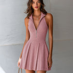 ElevenOra Chic Elegant Camel Zipper-Front Lapel Collar Sleeveless Tailored Waist Pleated A-Line Ribbed Knit Mini Dress