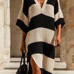 ElevenOra Chic Elegant Beige-Black Striped V-Neck Short-Sleeve Loose-Fit Side Slits Ribbed Knit Maxi Dress