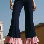 ElevenOra Chic Elegant Dark Blue High Waist Ruffles Ribbed Knit Wide-Leg Pants