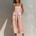ElevenOra Chic Elegant Pink Cotton Linen Blend Thin Straps Sleeveless  Patch Pockets Loose-Fit Wide-Leg Cropped Jumpsuit