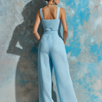 ElevenOra Chic Elegant Sky Blue Wide Strap Square-Neck Sleeveless Tie-Waist Waffle Textured Fabric Wide-Leg Jumpsuit