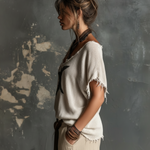 ElevenOra Chic Casual White V-Neck Star Jacquard Raw Edge Dolman Sleeves Loose-Fit Knit SweaterTop