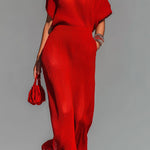 ElevenOra Chic Elegant Red Boat Neck Short-Sleeve Loose-Fit Breathable Knit Maxi Dress (Including A Slip Dress)