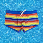 Men's Eco-Friendly Fabric Modern Cut Rainbow Striped Swim Trunks