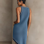 ElevenOra Chic Casual Blue Colorblock Round Neck Sleeveless Loose-Fit Irregular Hem Knit Mini Dress