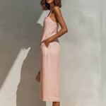 ElevenOra Chic Elegant Pink Cotton Linen Blend Thin Straps Sleeveless  Patch Pockets Loose-Fit Wide-Leg Cropped Jumpsuit