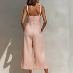 ElevenOra Chic Elegant Pink Cotton Linen Blend Thin Straps Sleeveless  Patch Pockets Loose-Fit Wide-Leg Cropped Jumpsuit