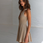 ElevenOra Chic Elegant Camel Zipper-Front Lapel Collar Sleeveless Tailored Waist Pleated A-Line Ribbed Knit Mini Dress