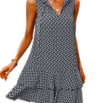 DORA™ - Women’s Geometric Print Bow Dress Casual Fitted Woven Dress with Multi-Layer Cake Skirt
