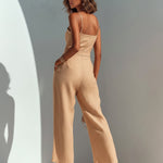 ElevenOra Chic Casual Camel Cotton-Linen Blend Strappy Sleeveless Zipper-Front Tie-Waist Wide-Leg Cropped Jumpsuit