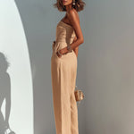 ElevenOra Chic Casual Camel Cotton-Linen Blend Strappy Sleeveless Zipper-Front Tie-Waist Wide-Leg Cropped Jumpsuit