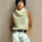 ElevenOra Chic Vintage Light Green Cowl Collar Sleeveless Fuzzy Ribbed Knit Tank Top