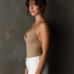 ElevenOra Chic Elegant Camel Strappy Button Detail Sleeveless Slim-Fit Ribbed Knit Camisole