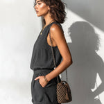 ElevenOra Chic Casual Black Stripe Linen Blend Boat-Neck Sleeveless Tailored-Waist Loose-Fit Romper