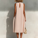 ElevenOra Chic Elegant Light Pink Linen Round-Neck Sleeveless Pleats Detail Patch Pockets Loose-Fit A-Line Midi Dress