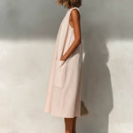 ElevenOra Chic Elegant Light Pink Linen Round-Neck Sleeveless Pleats Detail Patch Pockets Loose-Fit A-Line Midi Dress