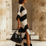 ElevenOra Chic Elegant Beige-Black Striped V-Neck Short-Sleeve Loose-Fit Side Slits Ribbed Knit Maxi Dress