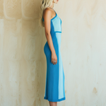 ElevenOra Chic Elegant Blue Colorblock One-Shoulder Sleeveless Slim-Fit Side Slit Ribbed Knit Midi Dress
