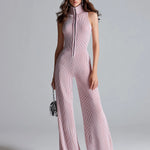 ElevenOra Chic Elegant Pink Stand Collar Sleeveless Zipper-Front Tailored Waist Wide Leg Ribbed Knit Jumpsuit