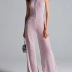 ElevenOra Chic Elegant Pink Stand Collar Sleeveless Zipper-Front Tailored Waist Wide Leg Ribbed Knit Jumpsuit