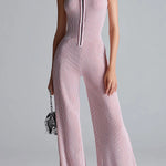 ElevenOra Chic Elegant Pink Stand Collar Sleeveless Zipper-Front Tailored Waist Wide Leg Ribbed Knit Jumpsuit