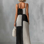 ElevenOra Chic Elegant Black-White Colorblock Spaghetti-Strap Square-Neck Sleeveless Loose-Fit Hollow-Knit Maxi Dress