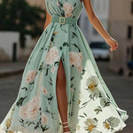 Julie | Light Green Floral Chiffon One-Shoulder Maxi Dress