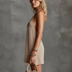 ElevenOra Chic Elegant Camel Halter-Neck Sleeveless Contrast Letter Jacquard A-Line Loose-Fit Knit Mini Dress