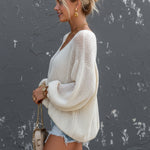 ElevenOra Chic Elegant Cream White Round-Neck Long Lantern Sleeve Loose-Fit Mesh Knit Sweater Top