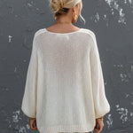 ElevenOra Chic Elegant Cream White Round-Neck Long Lantern Sleeve Loose-Fit Mesh Knit Sweater Top