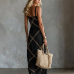 ElevenOra Chic Elegant Black-Camel Geometrical Printed Spaghetti Straps Square-Neck Sleeveless A-Line Maxi Dress