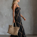 ElevenOra Chic Elegant Black-Camel Geometrical Printed Spaghetti Straps Square-Neck Sleeveless A-Line Maxi Dress