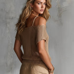 ElevenOra Chic Elegant Camel Lapel Spaghetti Straps Cold-Shoulder Short-Sleeve Hollow-Out Mesh Knit Sweater Top