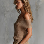 ElevenOra Chic Elegant Camel Lapel Spaghetti Straps Cold-Shoulder Short-Sleeve Hollow-Out Mesh Knit Sweater Top