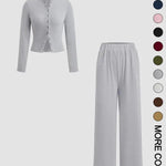 FLORLIE™ - Women’s Ribbed Crop Top & Elastic Waist Pants Casual Set