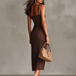 ElevenOra Chic Elegant Brown-White Dots Jacquard Spaghetti Straps Square-Neck Sleeveless Slim-Ft Knit Midi Dress