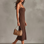 ElevenOra Chic Elegant Brown-White Dots Jacquard Spaghetti Straps Square-Neck Sleeveless Slim-Ft Knit Midi Dress