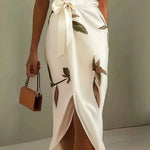 Judy | White Leaf Short Sleeve Satin Midi Dress