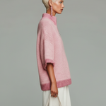 ElevenOra Stylish Casual Pink Stand-collar Zippered Short-sleeved Loose Knit Sweater Top