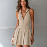 ElevenOra Chic Elegant Camel Zipper-Front Lapel Collar Sleeveless Tailored Waist Pleated A-Line Ribbed Knit Mini Dress