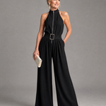 Astrielle | Belted High Neck Wide Leg Sleeveless Jumpsuit