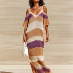 ElevenOra Chic Casual Colorful Striped Off-Shoulder V-Neck Short-Sleeve Loose Side Slit Ribbed Knit Maxi Dress