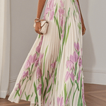 Marie | White Pleated Floral Chiffon Maxi Dress