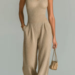ElevenOra Chic Casual Camel Strappy Sleeveless Tailored Waist Wide Leg Ribbed Knit Jumpsuit