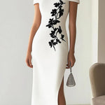 Audrey | Chic Floral Print Boat Neck Midi Dress Outfit