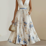 Chloe | White Floral Chiffon V-Neck Pleated Midi Dress