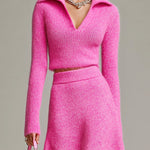 ElevenOra Chic Elegant Hot Pink Lapel Collar Long Sleeve Sweater A-Line Slit Maxi Skirt Knit Two-Piece Set