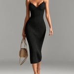 ElevenOra Chic Elegant Camel V-Neck Spaghetti Straps Sleeveless Lace Patch Slim-Fit Detail Ribbed Knit Bodycon Midi Dress